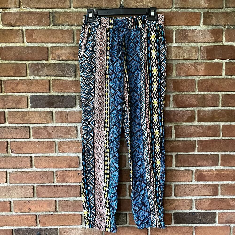 Forever 21 Stripe Print Flowy Pants Black Blue Small
